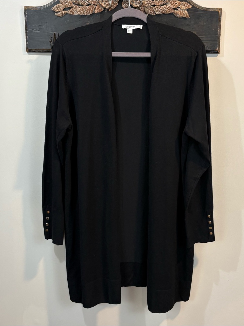 Chico’s Black Open Front Long Length Sweater Cardigan Size 3/XL